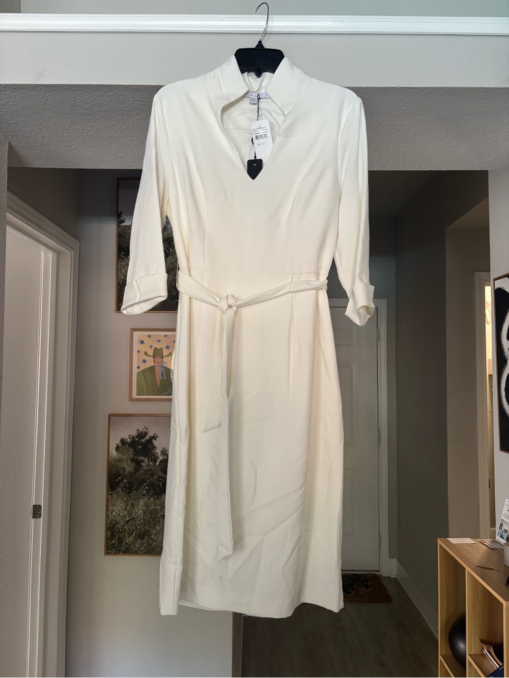 Black Halo Cream Midi Dress with Belted Waist